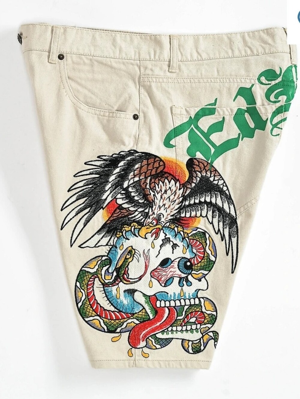NWT Ed Hardy Battle Skull Skater Denim Loose Fit Mens Casual Shorts - Khaki